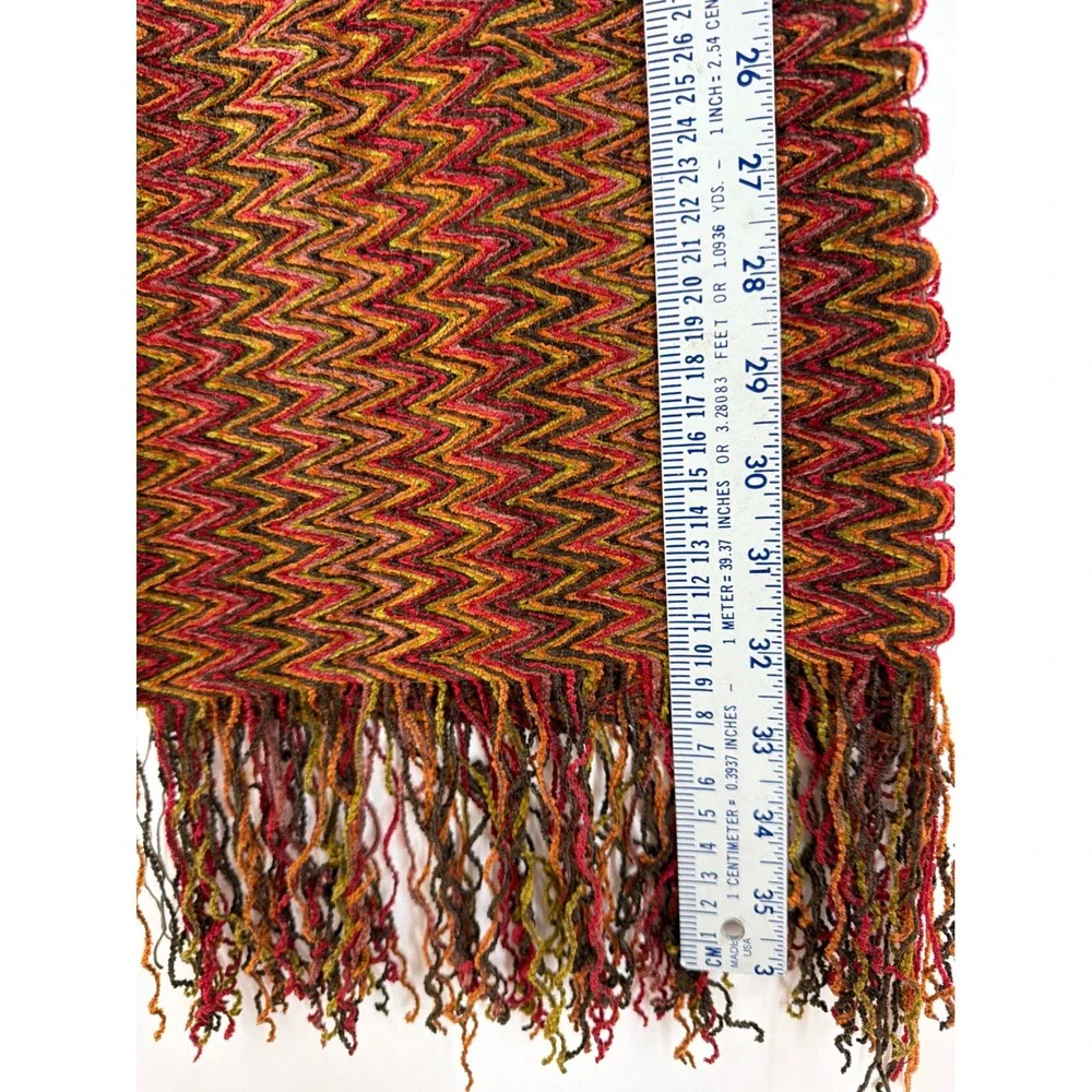 Filatess Como-Italia Scarf Red Orange Chevron Zig Zag Knit Fringe Made in Italy